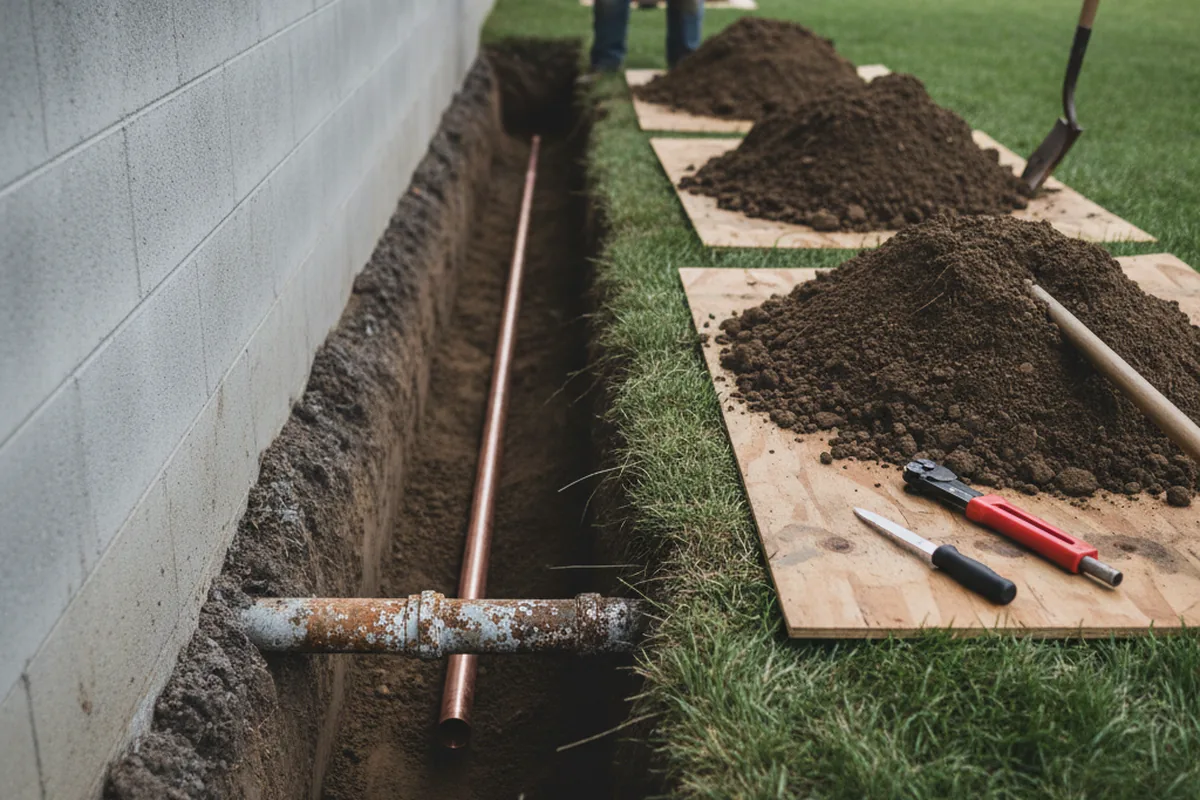 Excavated water line trench during Water Heater Repair in Rumford